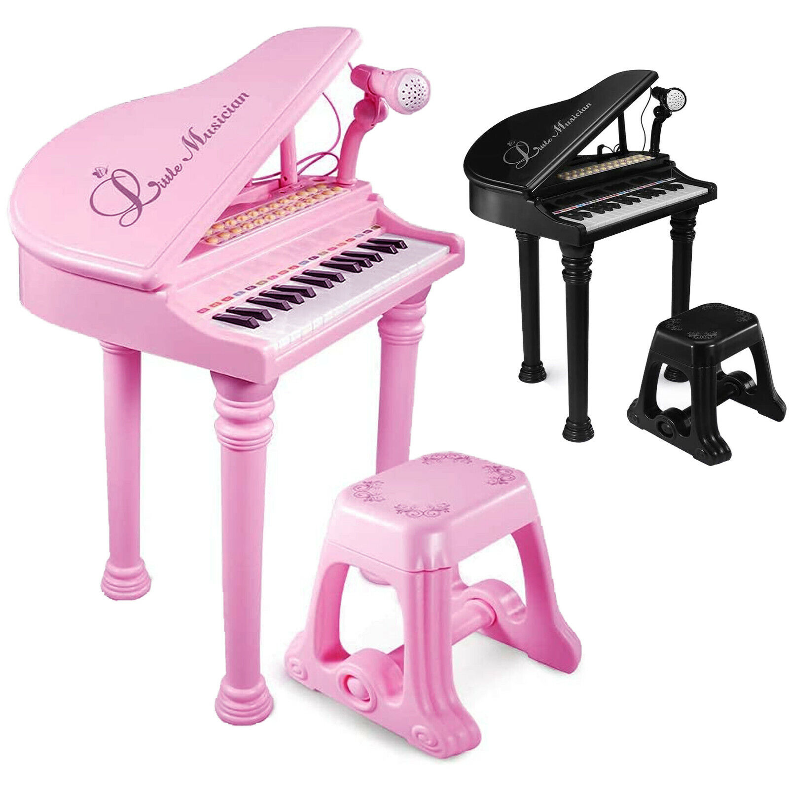 Kids Electronic Grand Piano Musical Instrument Keyboard Toy Microphone &  Stool