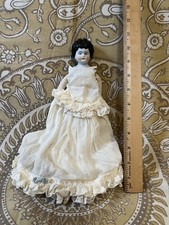 Antique German China Head Doll 12" Hertwig Stamped Porcelain Victorian Dress