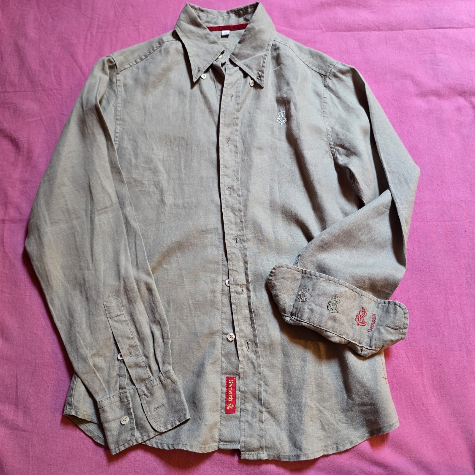 Camicia Da Uomo Ganesh 100% Lino Beige Taglia S Manica Lunga Ricami Pregiati