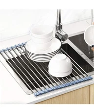 Roll-Up Dish Rack – Over Sink, Stainless Steel, Foldable Drying Mat, Gray Color.