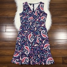 Talbots Women's Size Medium Blue Pink Paisley Print Dress Cotton Fit & Flare