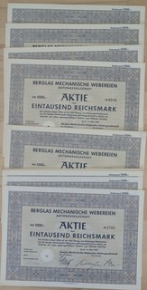 100 x Berglas Mechanische Webereien AG Berlin Aktie über 1000 RM 00.03.1939
