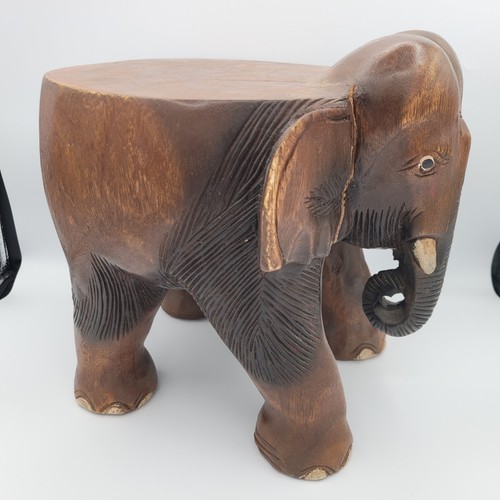 Hand-Carved Vintage Solid Wood Elephant Plant Stand Stool Table Log 11.5" HEAVY - Picture 12 of 23