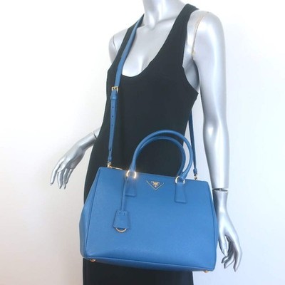 Prada Galleria Double Zip Medium Tote Blue Saffiano Lux Leather