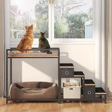 Dual-Level Pet Bunk Bed with Detachable Stairs, Storage Drawers, and Window Perc