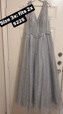Silver Sequin Tulle Long Gown Dress 3X Plus Size V-Neck Sleeveless Formal