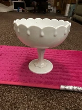 Vintage MCM Indiana White Milk Glass Tear Drop Pedestal Compote Candy Fruit Bowl
