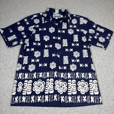 RJC Ltd Button Down Shirt Mens Large Navy Blue Tiki Floral Hawaiian Made in USA