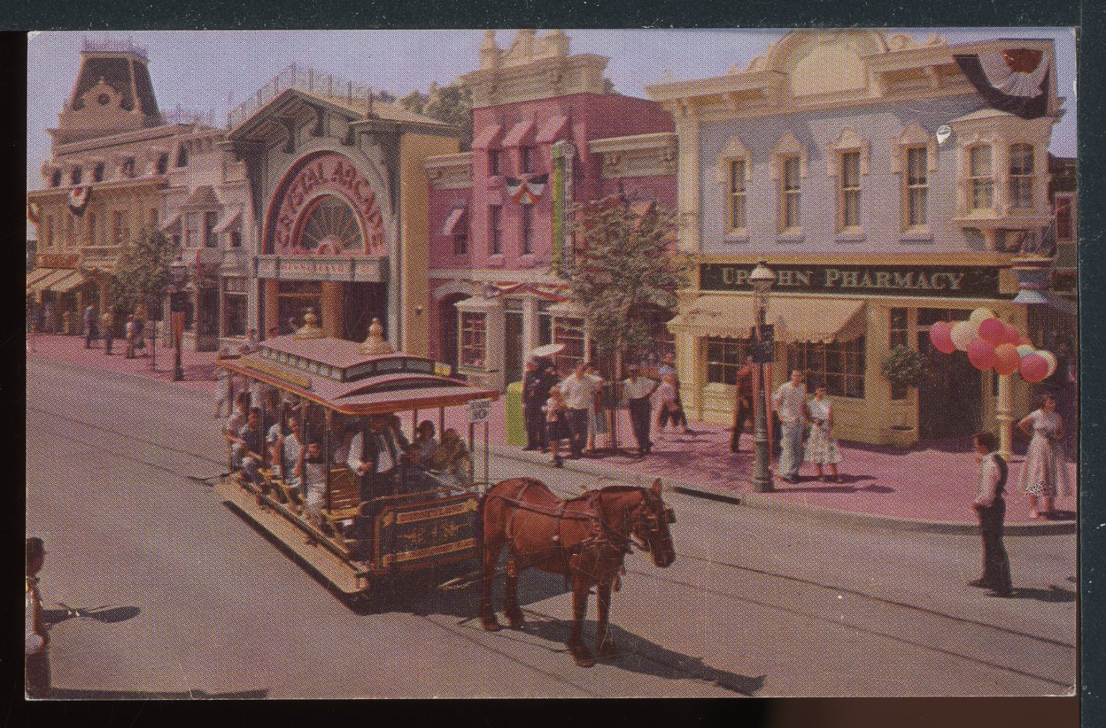 Disneyland Main Street Upjohn Pharmacy Horse Trolley Vintage Postcard D074