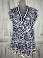 POUPETTE ST BARTH BLUE FLORAL CROCHET SASHA PLEATED FLUTTER SLEEVE MINI DRESS XS