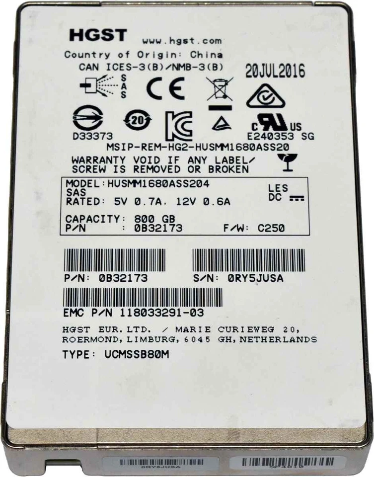 EMC HGST 800GB 2.5" 12G SAS SSD 118033291-03 HUSMM1680ASS204 Server Storage - Bild 3 von 4