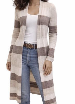 Cabi beige braun gestreifte Long Strickjacke XS vorne offen leichter Strick