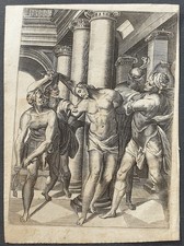 stampa antica crocifissione gesù cristo colonna acquaforte XVII secolo messale