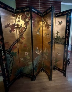 6- Panel Foldable Freestanding Room Divider Screen Gold Asian Birds Floral .