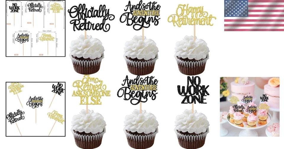 30 adornos para cupcakes brillantes de alta calidad para celebraciones de jubilación y despedida Foto 2 de 4