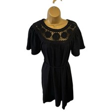 LOFT Crochet Yoke Dress Tie Waist Short Sleeve Black S