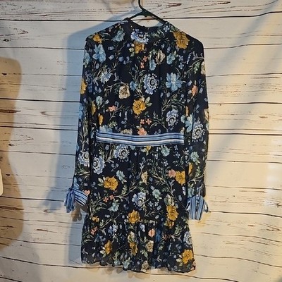 Orsay Floral Print Sleeve Mock Neck Blue Yellow Women's Dress  EU 36,