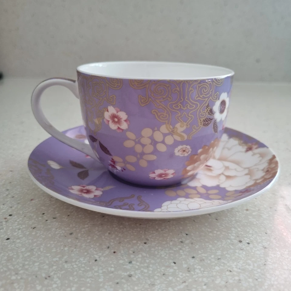 Maxwell Williams Kimono Taza Platillo 250 ml Púrpura Lila Floral Hueso Fino China Foto 3 de 4