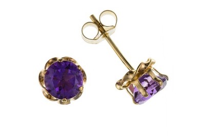 9ct Gold Amethyst Stud Earrings 6mm Solitaire Yellow Gold February Birthstone