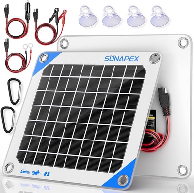 SUNAPEX 12V 5 Watt Solar Trickle Charger Maintainer - Waterproof Solar Powered B