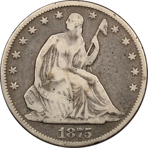 1875-CC Seated Liberty Half Dollar 50C, Very Good VG+