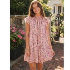 CODE X MODE Pink Floral Smocked High Neck Flutter Sleeve Shift dress XS Mini