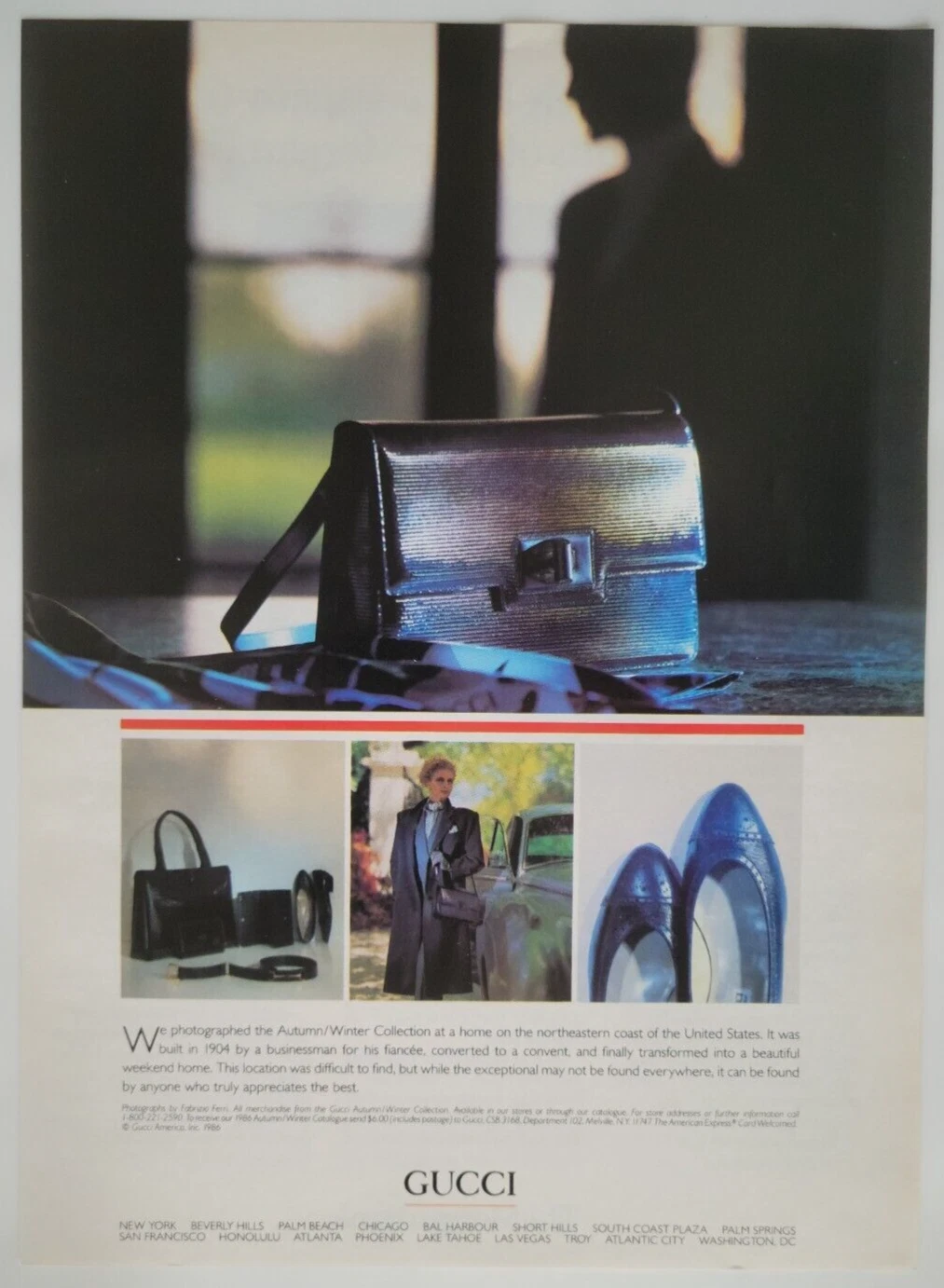 Gucci 1986 Collection Automne/Hiver Sacs Chaussures Original 1986 Publicité New Yorker 8x11