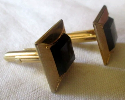 Anciens Boutons de manchette SWANK couleur or plaque onyx bijou Vintage 2260 - Photo 1/4