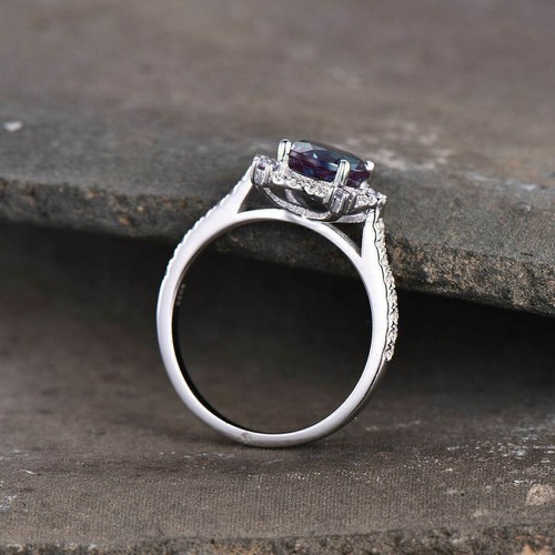 2.50 Ct Round Cut Simulated Alexandrite Halo Wedding Ring 14K White Gold Finish - Picture 2 of 6