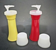 TUPPERWARE #718 Ketchup and Mustard Dispenser with Lids Hourglass Shape