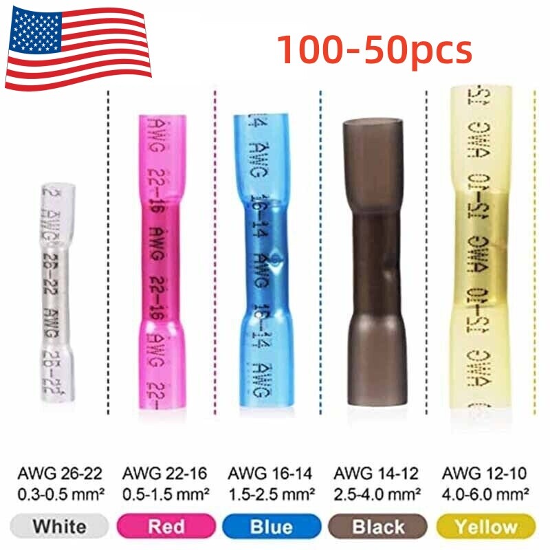 50PCS Heat Shrink But Connectors Waterproof Electrical Wire Marine Butt Splice | UK