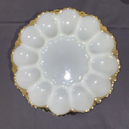 Vintage Anchor Hocking Devilled Egg Plate Fruit Bowl & Divide Dish Milk Glass - Picture 2 of 6