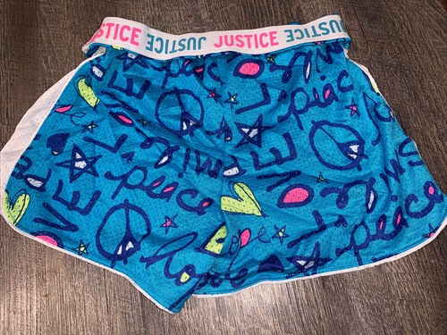 Justice Girl's Size 12 Fold-over Mesh Shorts Blue Pink Logo Vguc - Picture 3 of 3