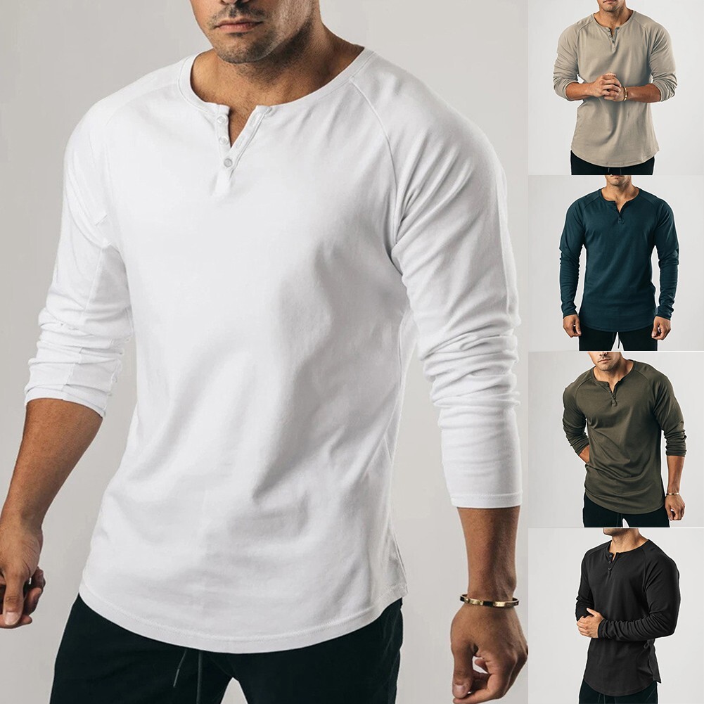 Comfortable T-Shirt Casual Elastic Henley Grandad Long