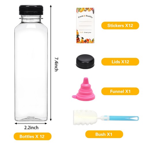 12pcs 16oz Plastic Juice Bottles with Caps Reusable Juicing Bottles Clear Emp... - Picture 2 of 7