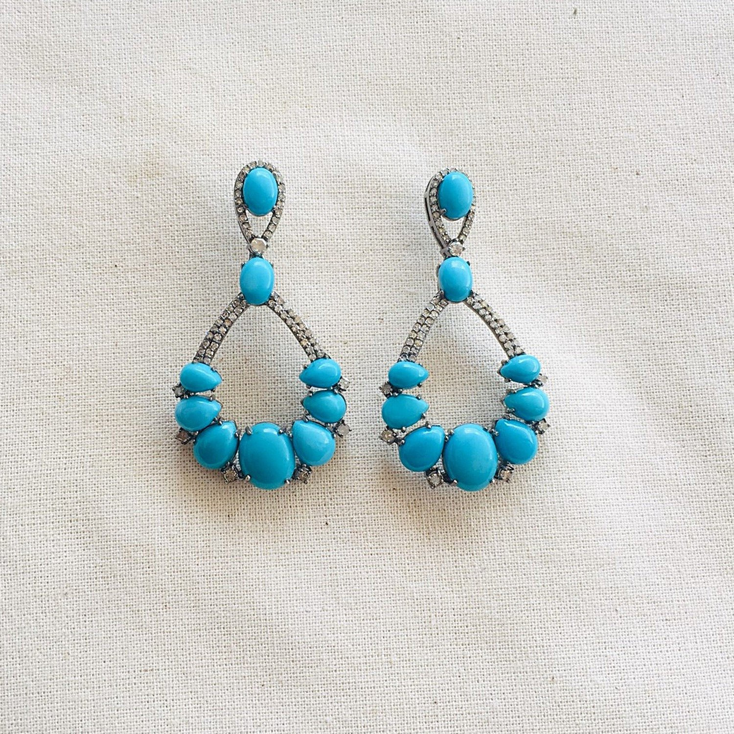 Pendientes de diamantes pavimentados de piedras preciosas turquesa natural plata 925 joyería de regalo fino