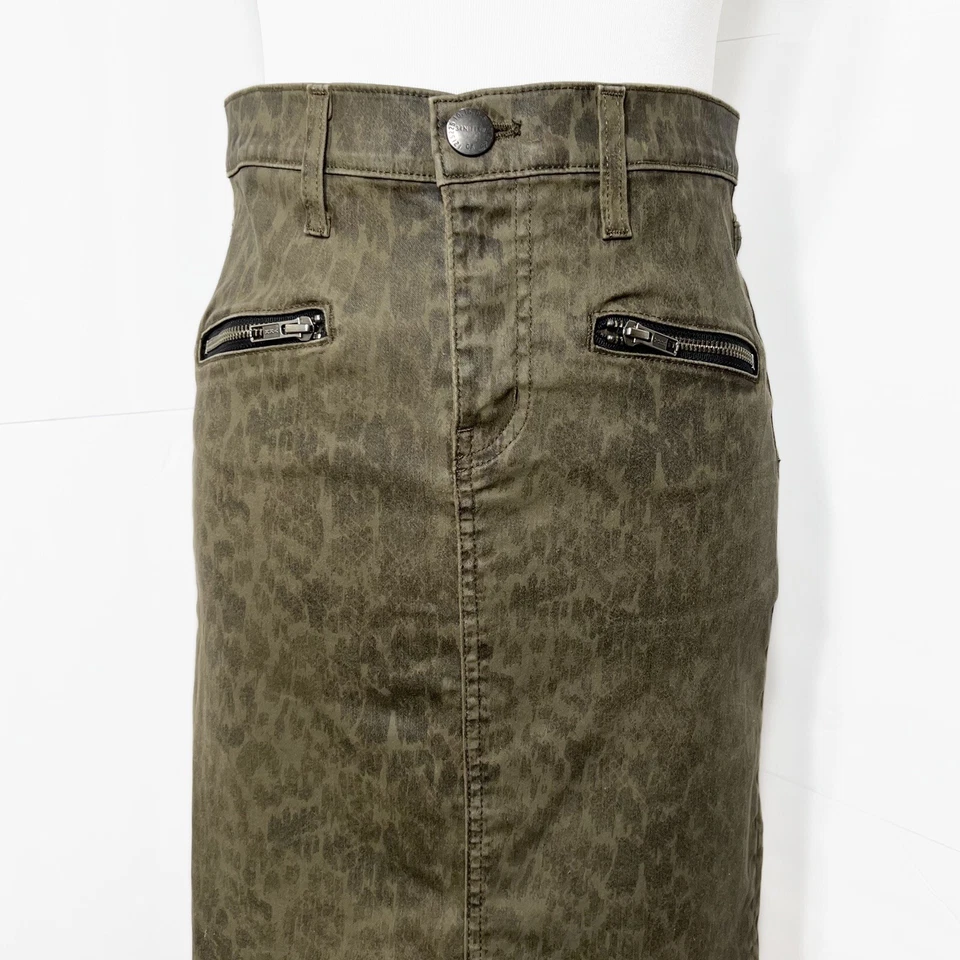 Current/Elliott Leopard Print Army Green Denim Pencil Skirt, Jean Skirt Size 28” - Image 3 of 4