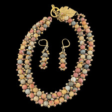 Beautiful Multi Color Beaded Necklace  Pierced Earring Set Boho Leaf Closure