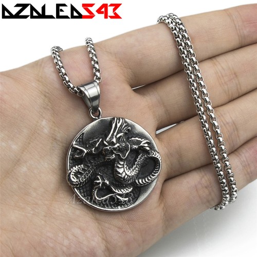 Herren großer chinesischer Drache Yin Yang Silber 316 Edelstahl Anhänger Halskette - Bild 1 von 6