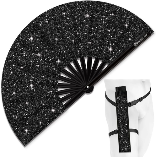 Glitter Large Rave Folding Clack Hand Fan with Holster for Men/Women Handheld - Picture 12 of 12