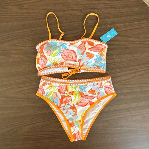 NWT Cupshe Bikini Set Medium Tropical Leaf Scallop Trim Lace Up Back Bandeau - Picture 8 of 17