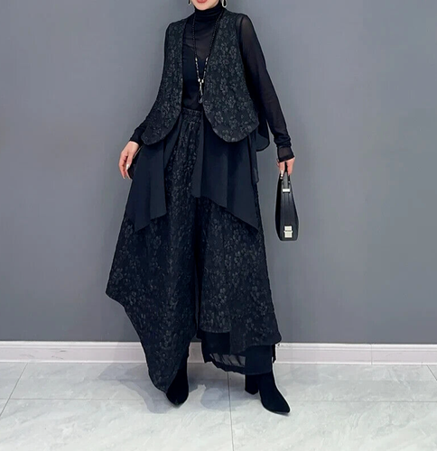 Black Urban 2 Piece Long Edgy Overlay Loose Wide Leg Trouser Waistcoat Top 12 - Picture 2 of 18