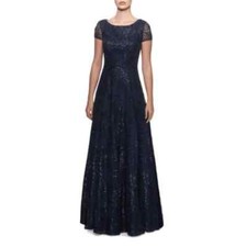 New La Femme Sequin Floral Embroidered Gown Short Sleeve Navy Women's Size 8