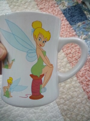 Disney Store Coffee Mug Cup Tink Tinkerbell White Sitting on Wooden Spool EUC