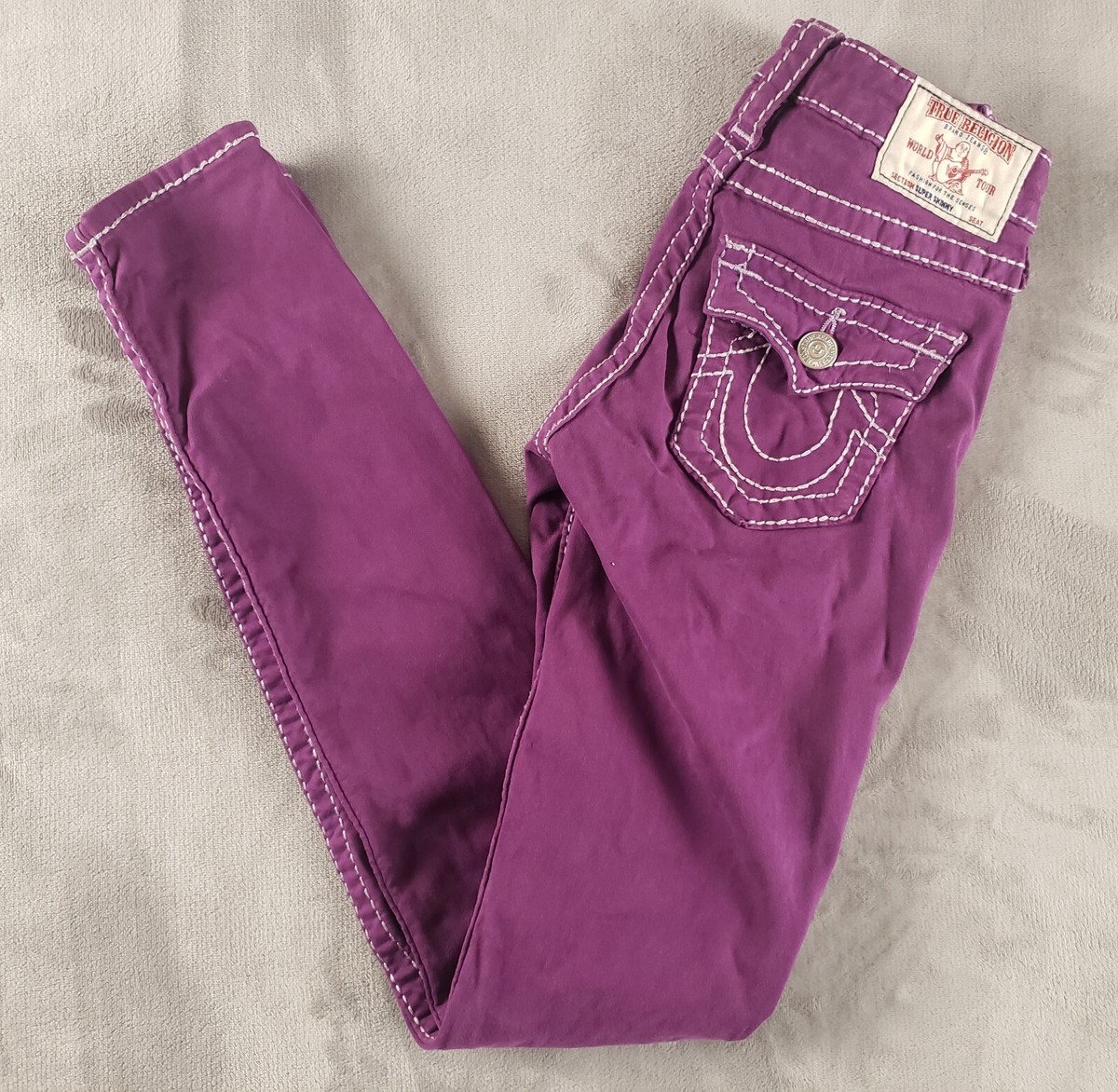 True Religion パープル デニム ジーンズ 25 Vintage True Religion Super Skinny Purple White Stich Jeans Size
