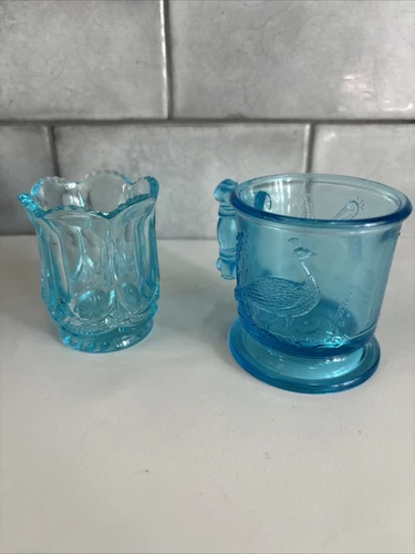 Vintage Turquoise Glass Mosser Toothpick & Miller Mug   RARE