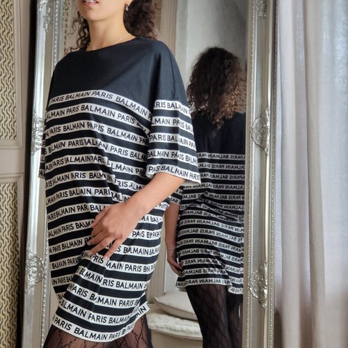 Balmain Paris Striped Logo Stretchy Tshirt Top Dress Jersey WAS £456 36 UK 8 SML - Picture 10 of 23