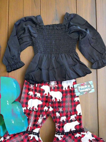 Christmas Bear Toddler Outfit, Buffalo Plaid Bear Snowflake Bell Bottoms - Picture 5 of 8