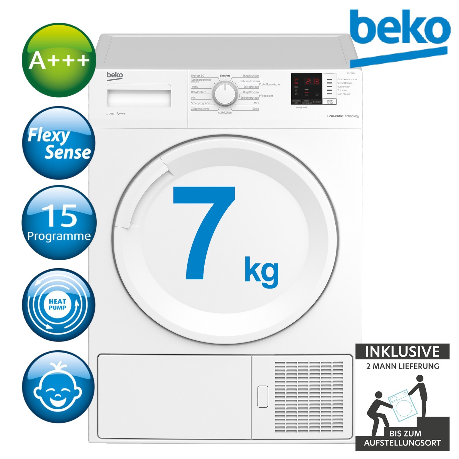 Wärmepumpentrockner 7kg A Wäschetrockner FlexySense Beko DS7512PA 2ML