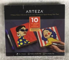 ARTEZA Oil Based Paint Markers Medium & Fine Nib - Set of 10 - 5 Classic Colors